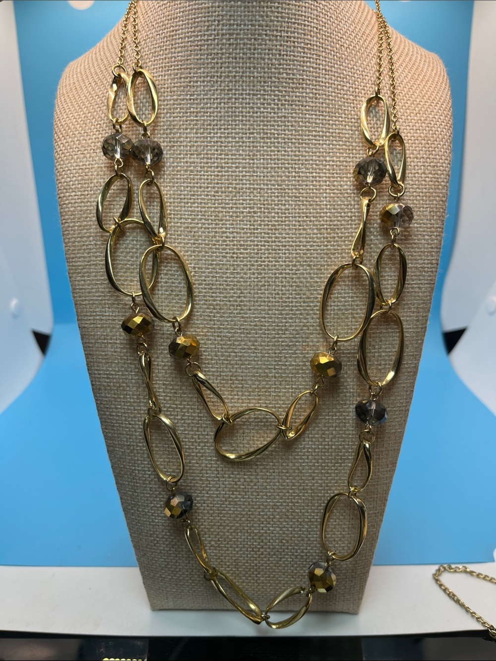 Erica Lyons Gold-Tone Long Oval Link Necklace with Smoky Faceted Beads